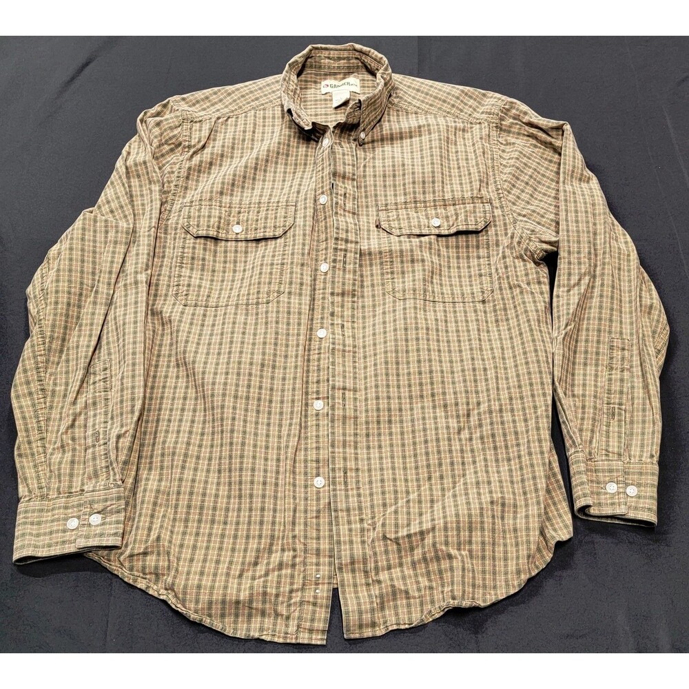 Gander Mnt Men L Green Beige Plaid Button Front Shirt L/S Pocket Cotton Quality
